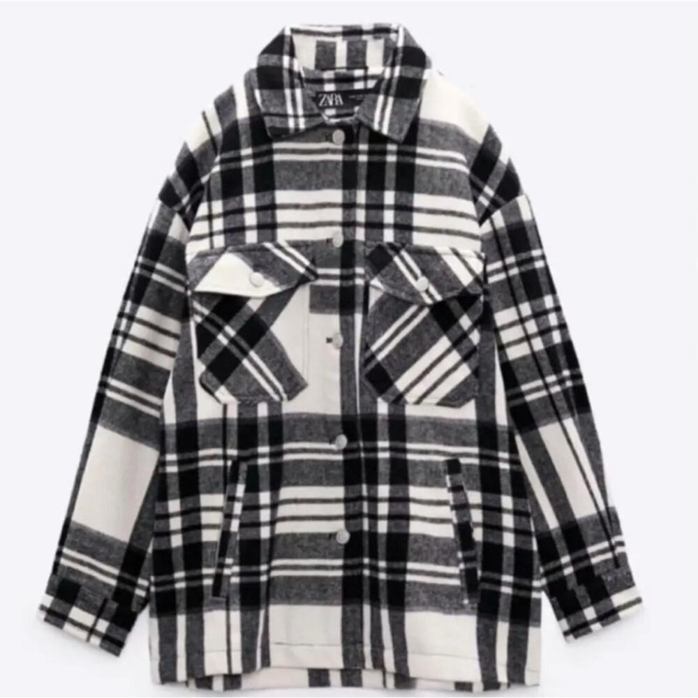 Zara Black White Plaid Wool Blend Oversized Shacket, Cozy Overshirt Size XS
